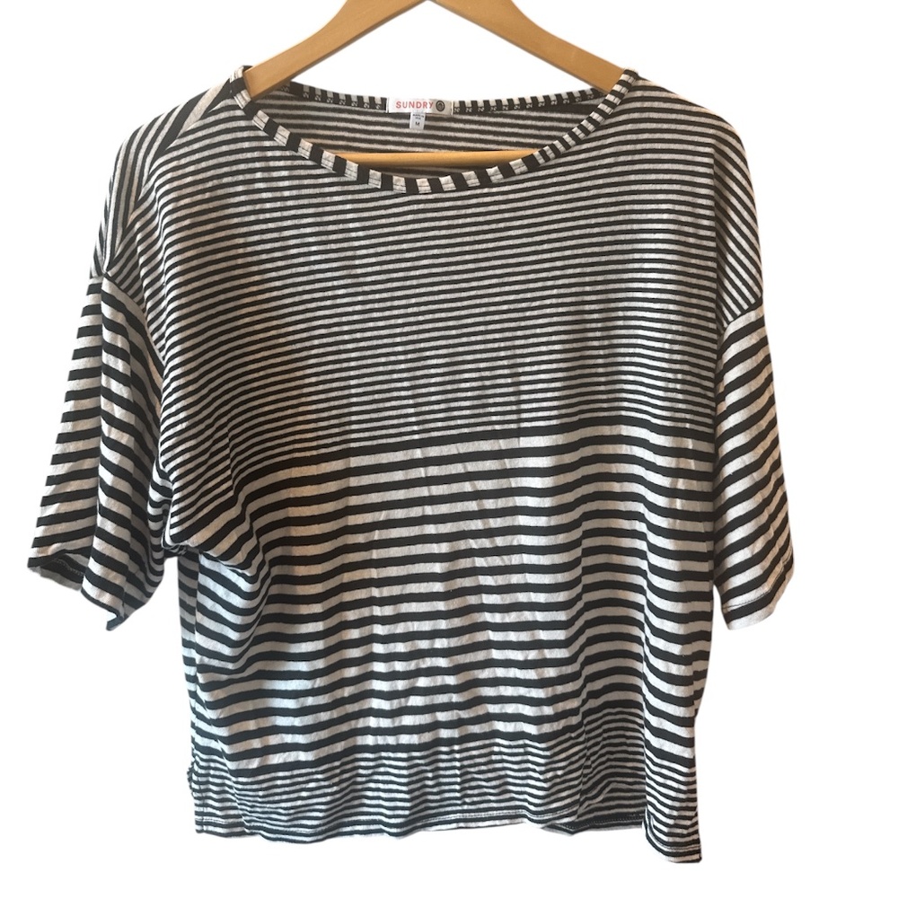 Sundry Womens Med Stripe Boat Tee Black/White Made in USA Cotton/Linen Relaxed